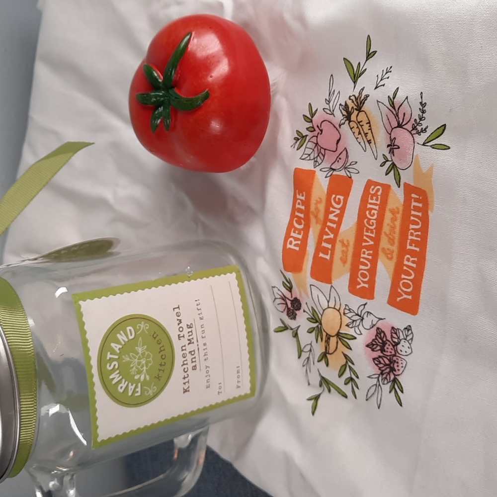 Kitchen Dish Towel Mason Mug Shaker Lid Vegetable Scrub Brush Set Tomato